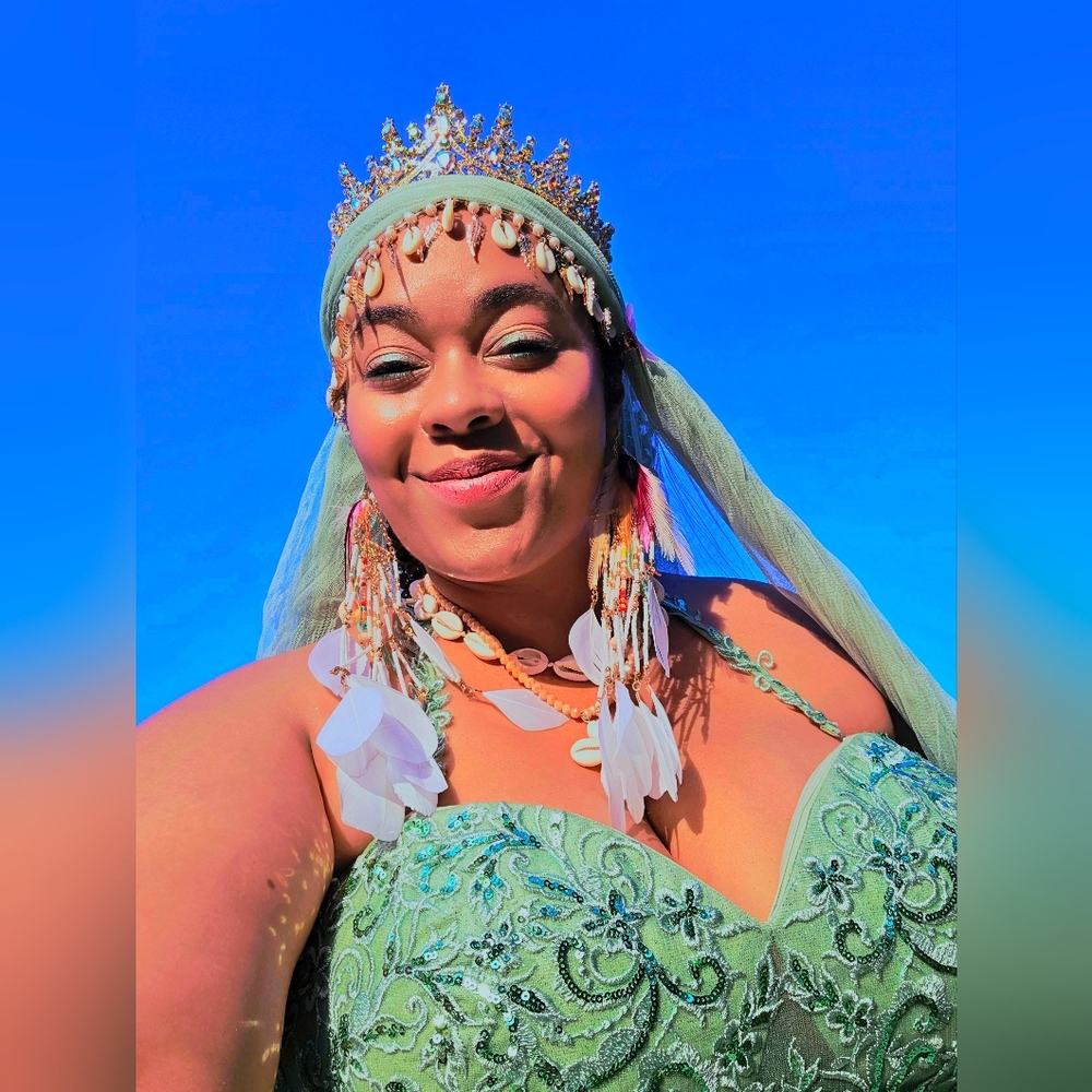 Green Beaded Dress with Shell Accessories